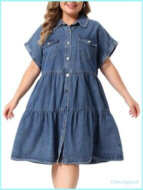 Plus Size Denim Babydoll Dress Button Down Short Sleeve Tiered Pockets